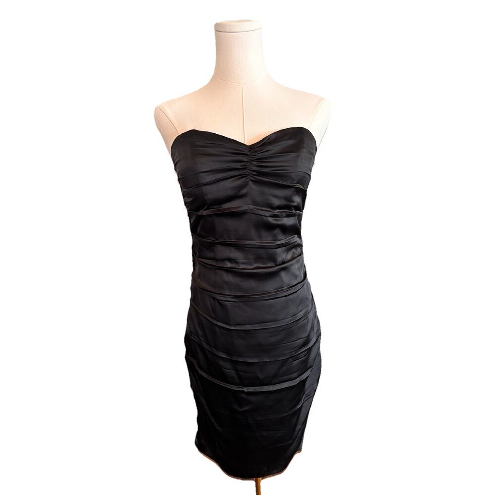 Express LBD Black Silk Mini Bodycon Strapless Cocktail Dress Women’s Ruched Sz 4 - Picture 2 of 9